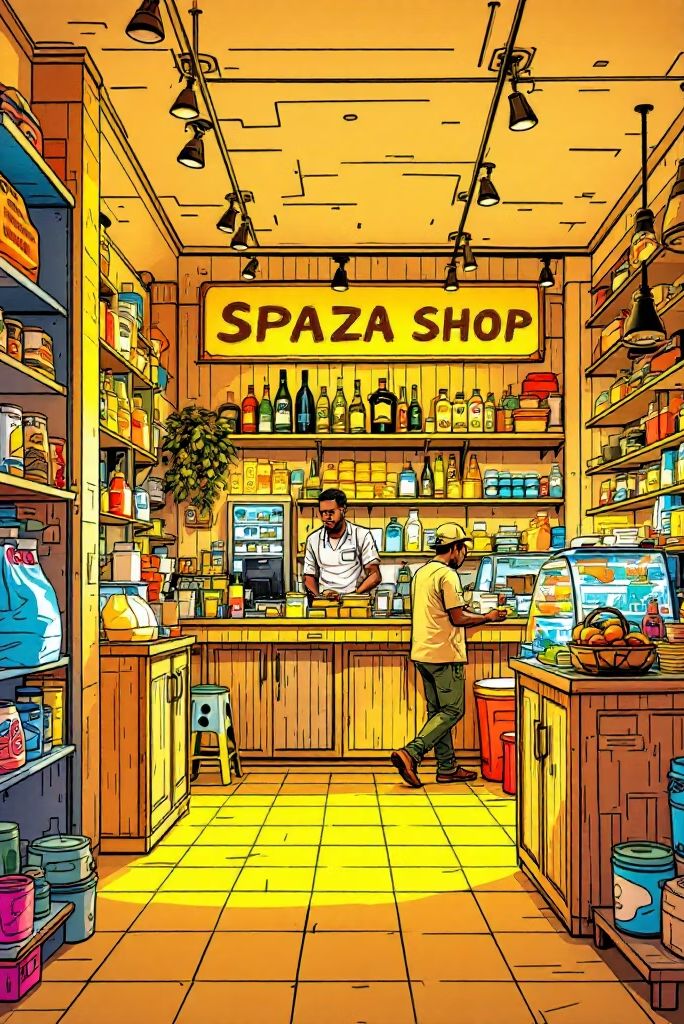 Warm illustration of a busy spaza shop, from the Vimba deck