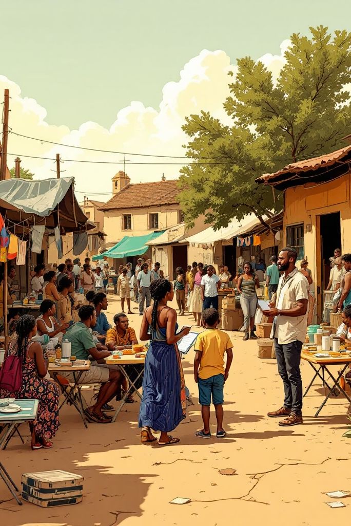 Illustration of neighbours and local business owners in a township market